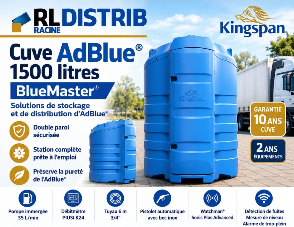 Cuve AdBlue&reg; 1500 L BlueMaster&reg; Kingspan double paroi avec pompe 35 L/min, compteur PIUSI K24 et contr&ocirc;le de niveau. Disponible chez RL DISTRIB.